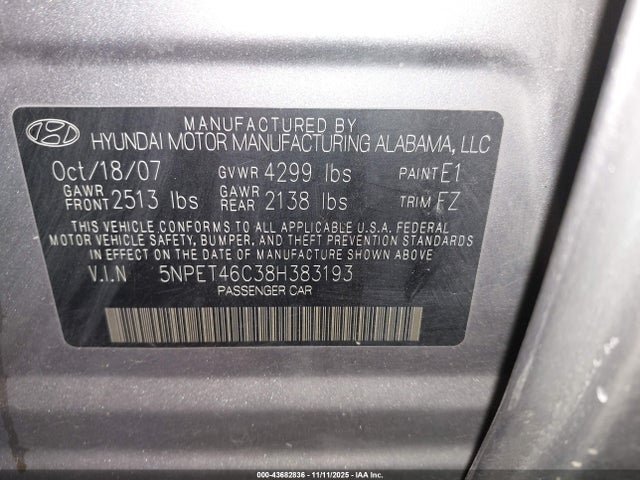 Aukcja sprzedaży 2008 Hyundai Sonata Gls, vin: 5NPET46C38H383193, numer aukcji: 43682836