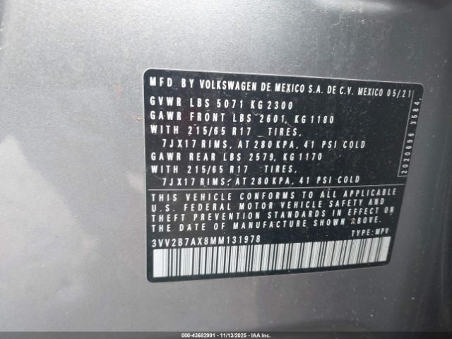 2021 VOLKSWAGEN TIGUAN 3VV2B7AX8MM131978 Photo 8