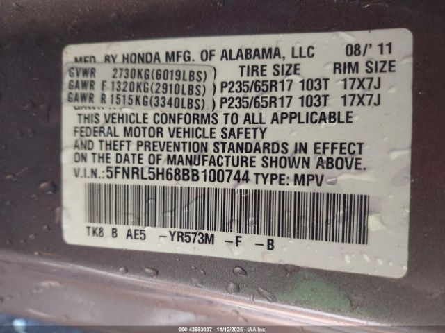 2011 HONDA ODYSSEY 5FNRL5H68BB100744 Photo 8