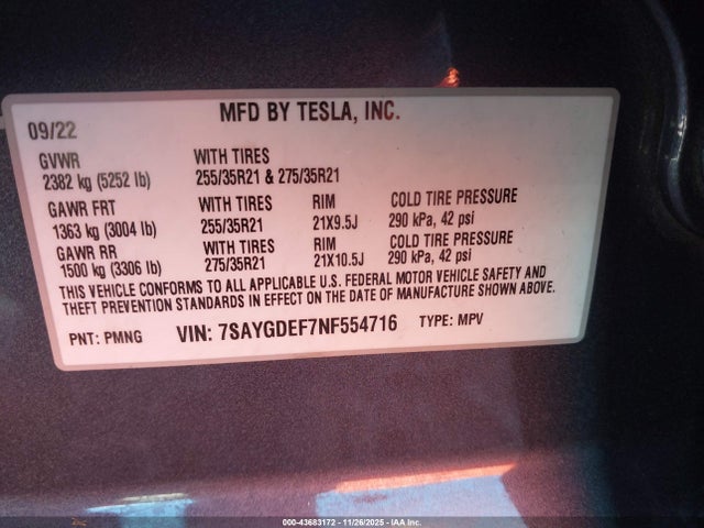 2022 TESLA MODEL Y 7SAYGDEF7NF554716 Photo 8