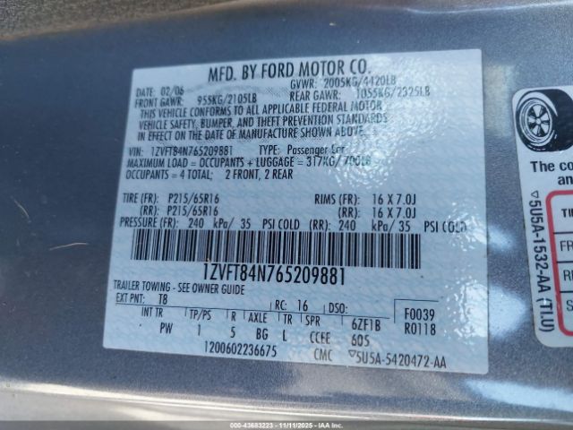 2006 FORD MUSTANG 1ZVFT84N765209881 Photo 8