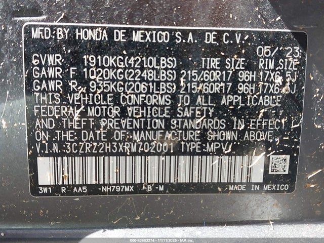 43683274 :رقم المزاد ، 3CZRZ2H3XRM702001 vin ، 2024 Honda Hr-v Awd Lx مزاد بيع