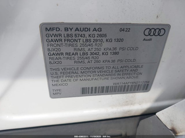 Aukcja sprzedaży 2022 Audi Sq5 Sportback Premium Tfsi Quattro Tiptronic, vin: WA114AFY6N2112254, numer aukcji: 43683311