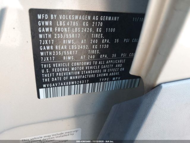 2011 VOLKSWAGEN TIGUAN WVGAV7AX8BW526317 Photo 8