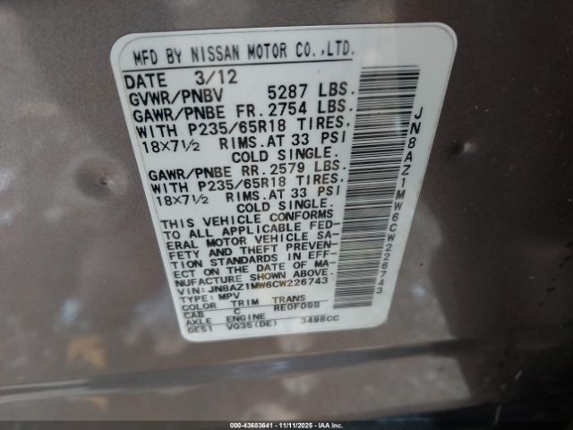 2012 NISSAN MURANO JN8AZ1MW6CW226743 Photo 8