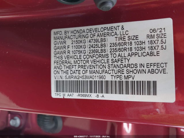 5J6RW2H53MA011960 Honda Cr-v Awd Ex