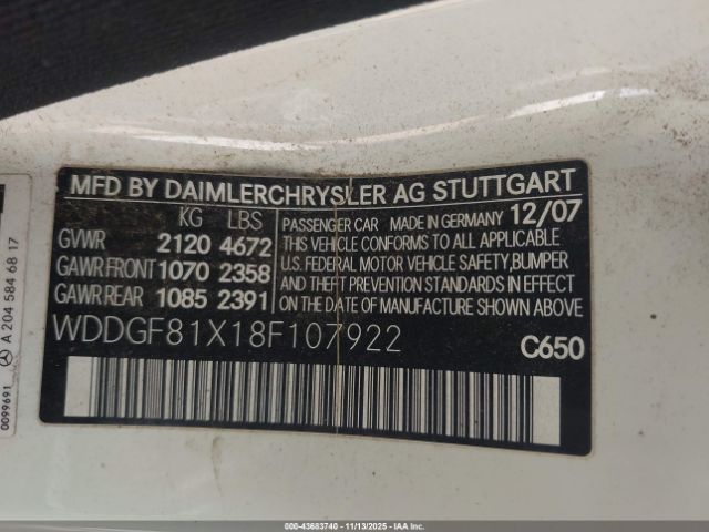 2008 MERCEDES-BENZ C 300 WDDGF81X18F107922 Photo 8