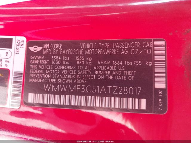 2010 MINI COOPER WMWMF3C51ATZ28017 Photo 8