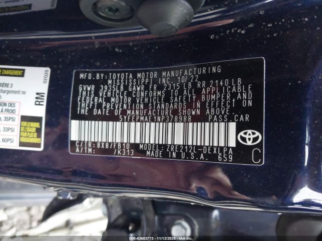 2022 TOYOTA COROLLA 5YFEPMAE1NP378988 Photo 8