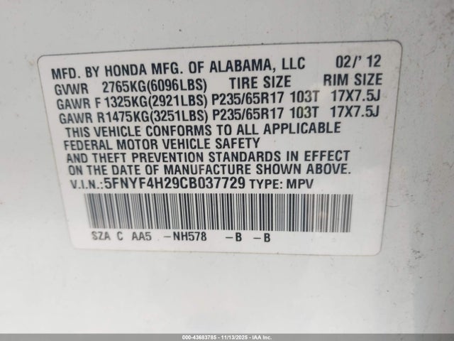 Aukcja sprzedaży 2012 Honda Pilot Lx, vin: 5FNYF4H29CB037729, numer aukcji: 43683785