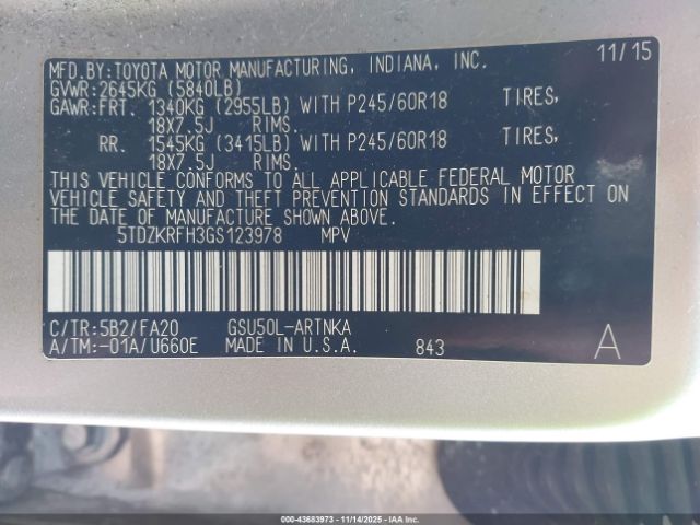 2016 TOYOTA HIGHLANDER 5TDZKRFH3GS123978 Photo 8