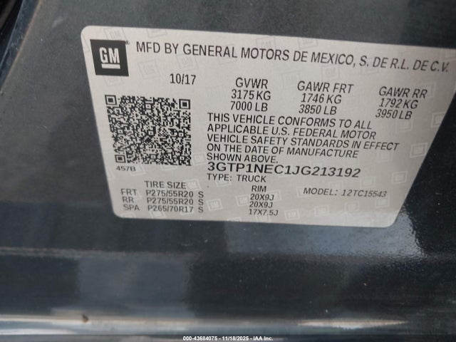 Продаж на аукціоні авто 2018 Gmc Sierra 1500 Slt, vin: 3GTP1NEC1JG213192, номер лоту: 43684075