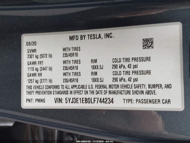2020 TESLA MODEL 3 5YJ3E1EB0LF744234 Photo 8