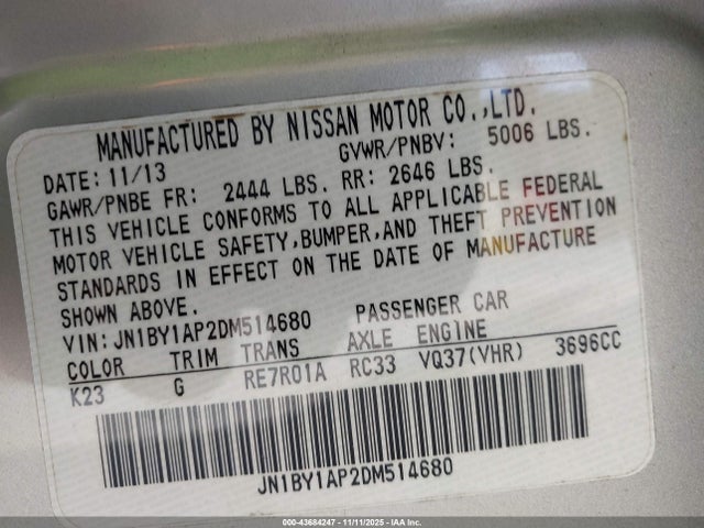 Aukcja sprzedaży 2013 Infiniti M37, vin: JN1BY1AP2DM514680, numer aukcji: 43684247