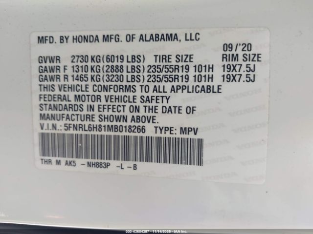 2021 HONDA ODYSSEY 5FNRL6H81MB018266 Photo 8
