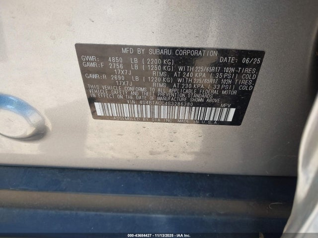 2025 Subaru Outback Premium მანქანა იყიდება აუქციონზე, vin: 4S4BTACC4S3286380, აუქციონის ნომერი: 43684427