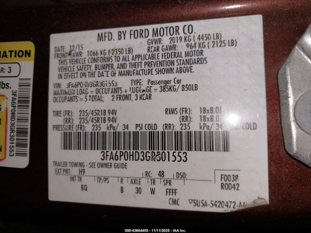 2016 FORD FUSION 3FA6P0HD3GR301553 Photo 8