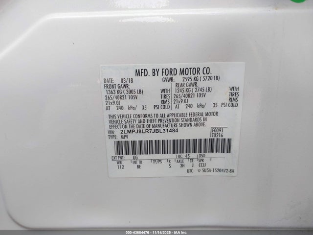 43684476 :رقم المزاد ، 2LMPJ8LR7JBL31484 vin ، 2018 Lincoln Mkx Reserve مزاد بيع