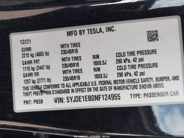 2022 TESLA MODEL 3 5YJ3E1EB0NF124955 Photo 8