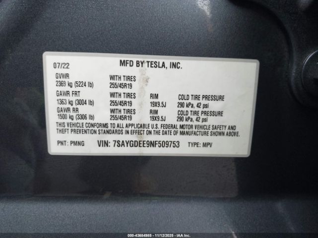 2022 TESLA MODEL Y 7SAYGDEE9NF509753 Photo 8