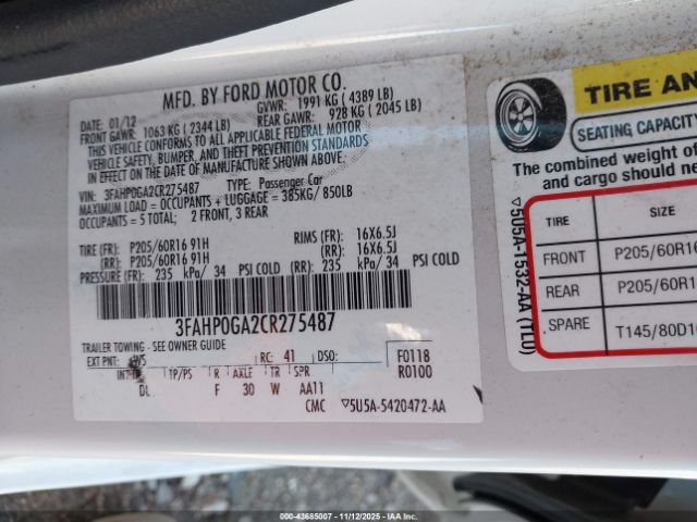 2012 FORD FUSION 3FAHP0GA2CR275487 Photo 8