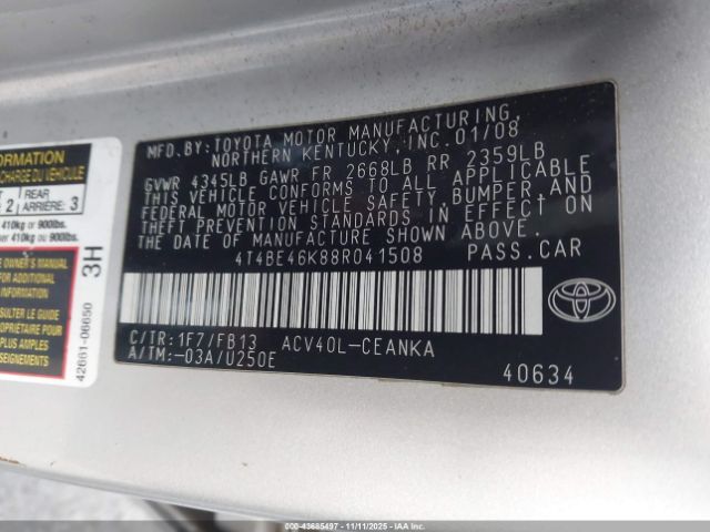 2008 TOYOTA CAMRY 4T4BE46K88R041508 Photo 8