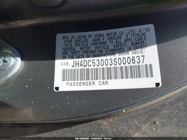 Aukcja sprzedaży 2003 Acura Rsx Type S, vin: JH4DC53003S000637, numer aukcji: 43685542