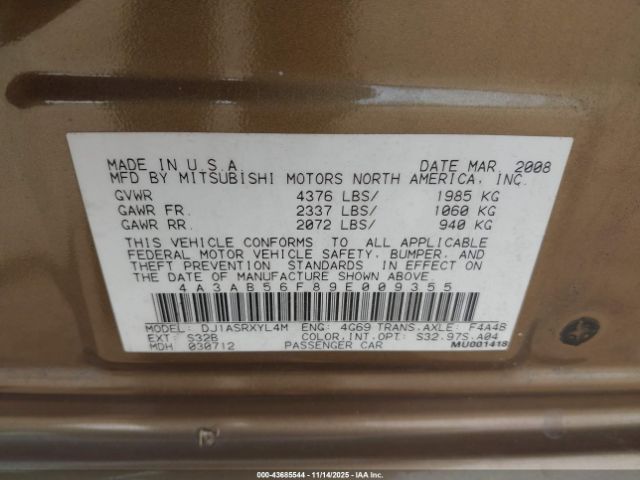 2009 MITSUBISHI GALANT 4A3AB56F89E009355 Photo 8