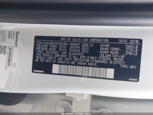 YV4A22RL0K1342162 Volvo Xc60 T6 Inscription