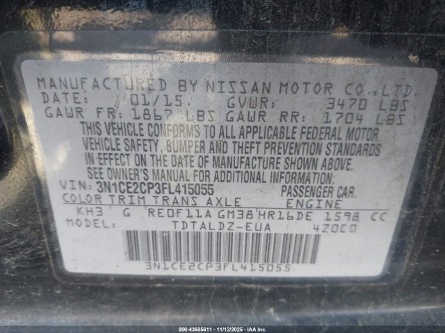 Продажа на аукционе авто 2015 Nissan Versa Note S (sr)/s Plus/sl/sr/sv, vin: 3N1CE2CP3FL415055, номер лота: 43685611