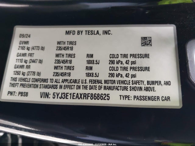 2024 TESLA MODEL 3 5YJ3E1EAXRF868625 Photo 8