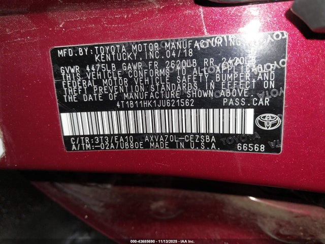 4T1B11HK1JU621562 Toyota CAMRY SE