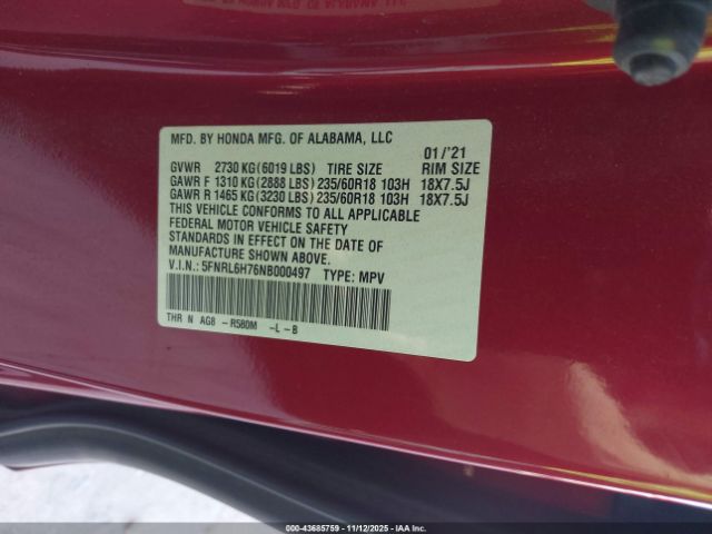 2022 HONDA ODYSSEY 5FNRL6H76NB000497 Photo 8