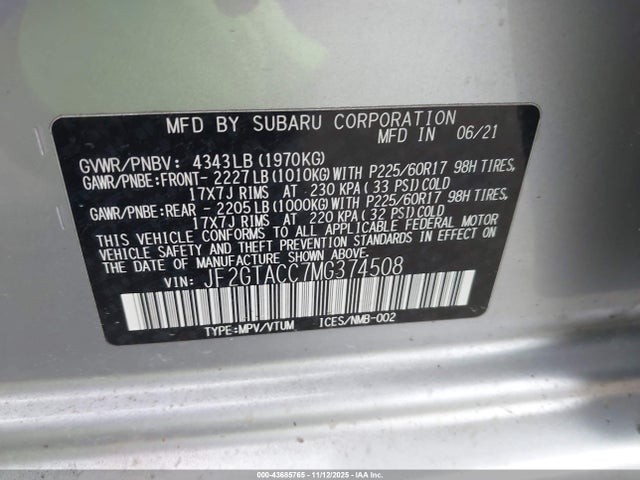 JF2GTACC7MG374508 Subaru Crosstrek Premium