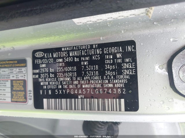 5XYPG4A57LG674382 KIA Sorento 3.3l Lx