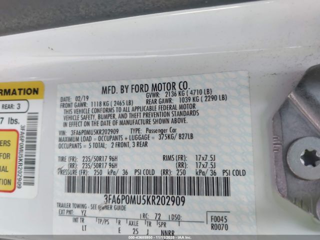 2019 FORD FUSION HYBRID 3FA6P0MU5KR202909 Photo 8