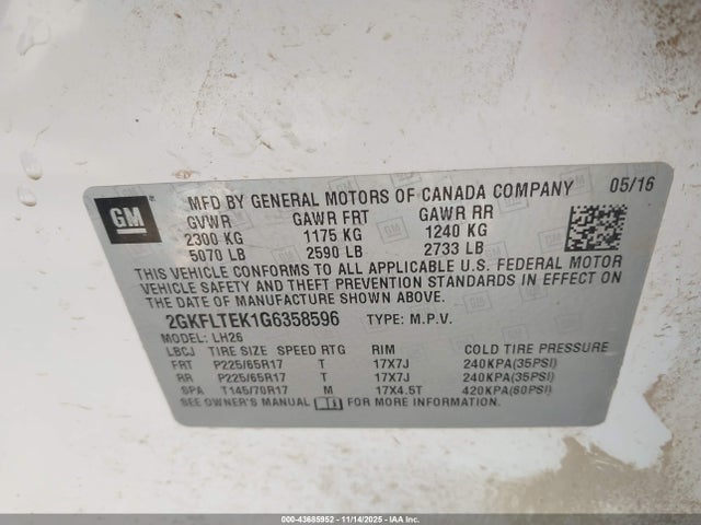 GMC Terrain Sle-2 2016 2GKFLTEK1G6358596 Image 9