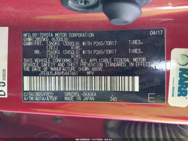 2017 TOYOTA 4RUNNER JTEBU5JR6H5447661 Photo 8