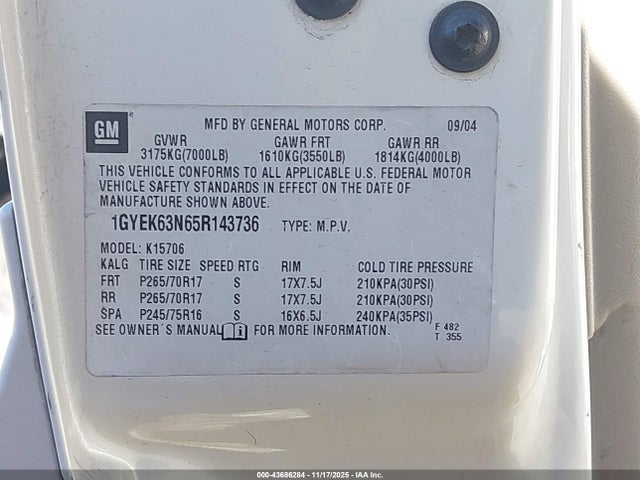 2005 CADILLAC ESCALADE 1GYEK63N65R143736 Photo 8