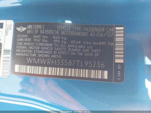 2007 MINI COOPER S WMWRH33587TL95236 Photo 8