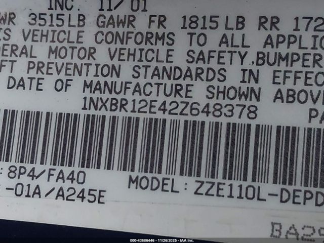 2002 TOYOTA COROLLA 1NXBR12E42Z648378 Photo 8