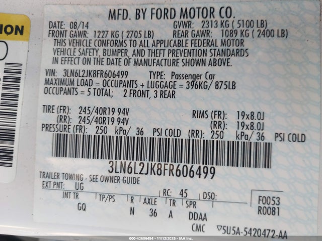 Продажа на аукционе авто 2015 Lincoln Mkz, vin: 3LN6L2JK8FR606499, номер лота: 43686484