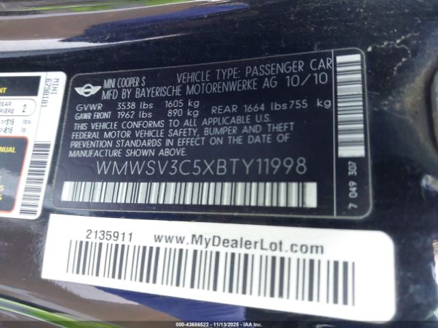 2011 MINI COOPER S WMWSV3C5XBTY11998 Photo 8