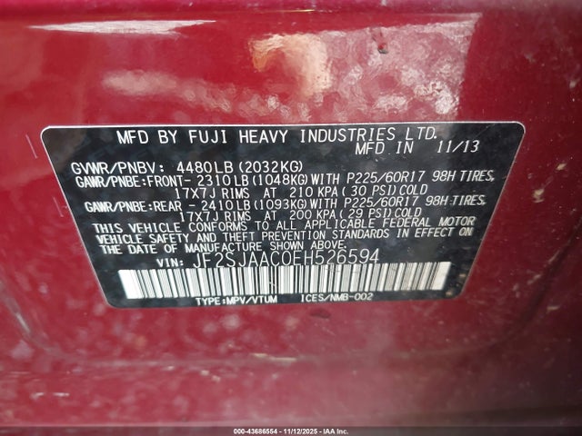 43686554 :رقم المزاد ، JF2SJAAC0EH526594 vin ، 2014 Subaru Forester 2.5i مزاد بيع