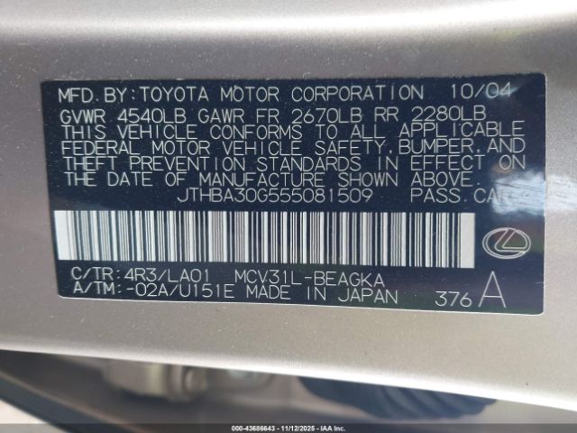 2005 LEXUS ES 330 JTHBA30G555081509 Photo 8