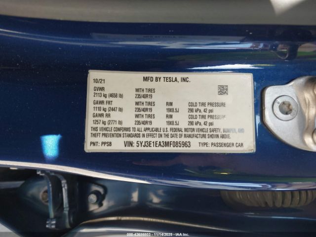 2021 TESLA MODEL 3 5YJ3E1EA3MF085963 Photo 8
