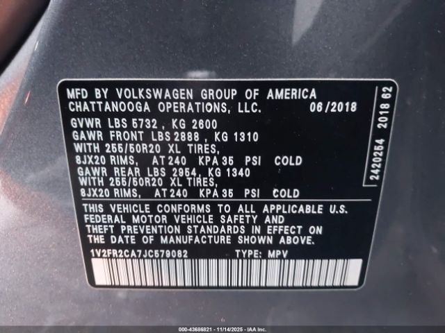 2018 VOLKSWAGEN ATLAS 1V2FR2CA7JC579082 Photo 8