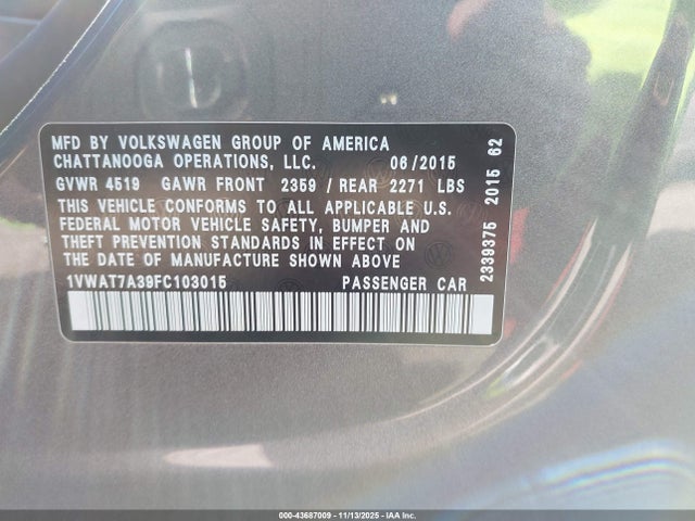 Aukcja sprzedaży 2015 Volkswagen Passat 1.8t Limited Edition, vin: 1VWAT7A39FC103015, numer aukcji: 43687009