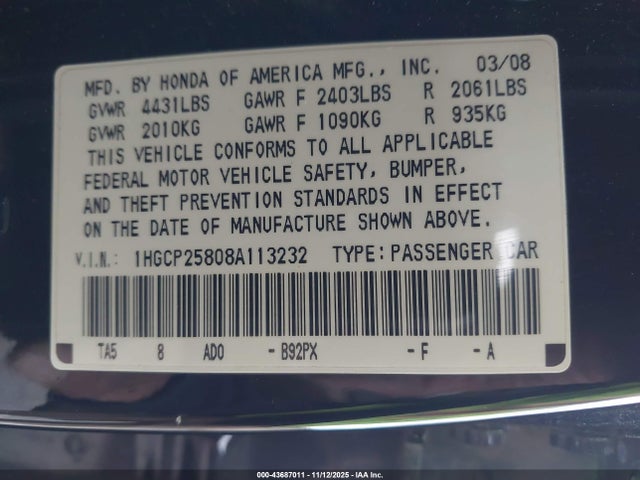 2008 HONDA ACCORD SDN 1HGCP25808A113232 Photo 8