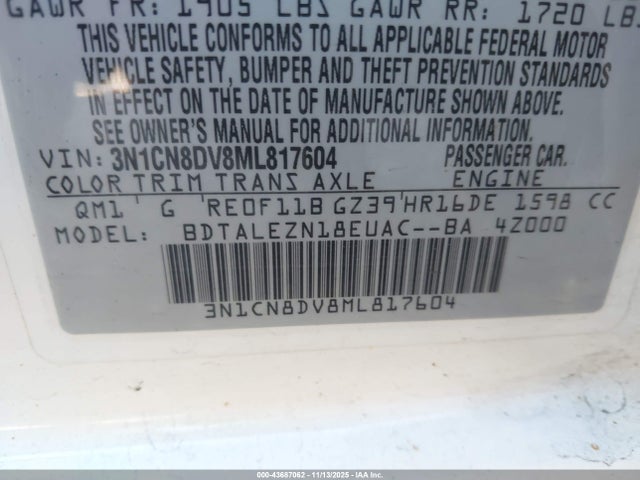 Aukcja sprzedaży 2021 Nissan Versa S Xtronic Cvt, vin: 3N1CN8DV8ML817604, numer aukcji: 43687062